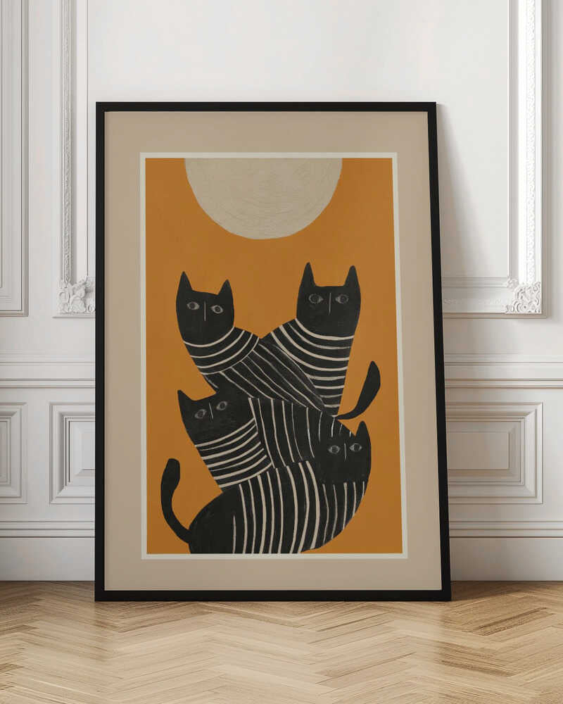 Midnight Cats Under Warm Moon Digital Art Print