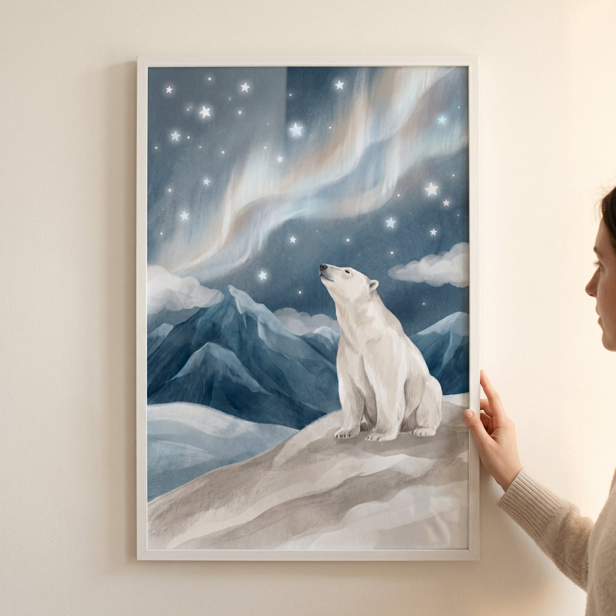 Polar Bear Under Starlit Northern Lights Digital Art