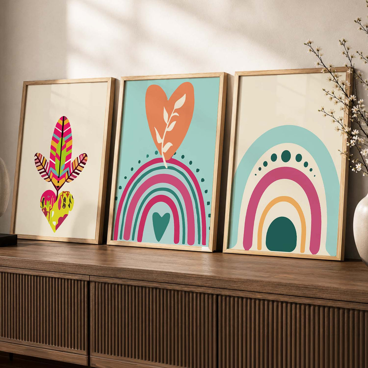 Boho Rainbow Hearts Digital Art Triptych