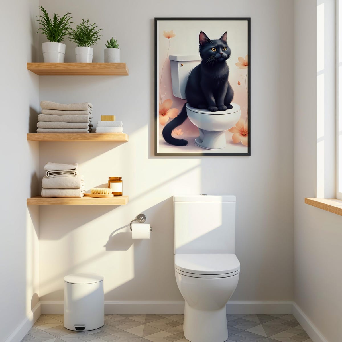 Curious Black Cat on Restroom Digital Artwork