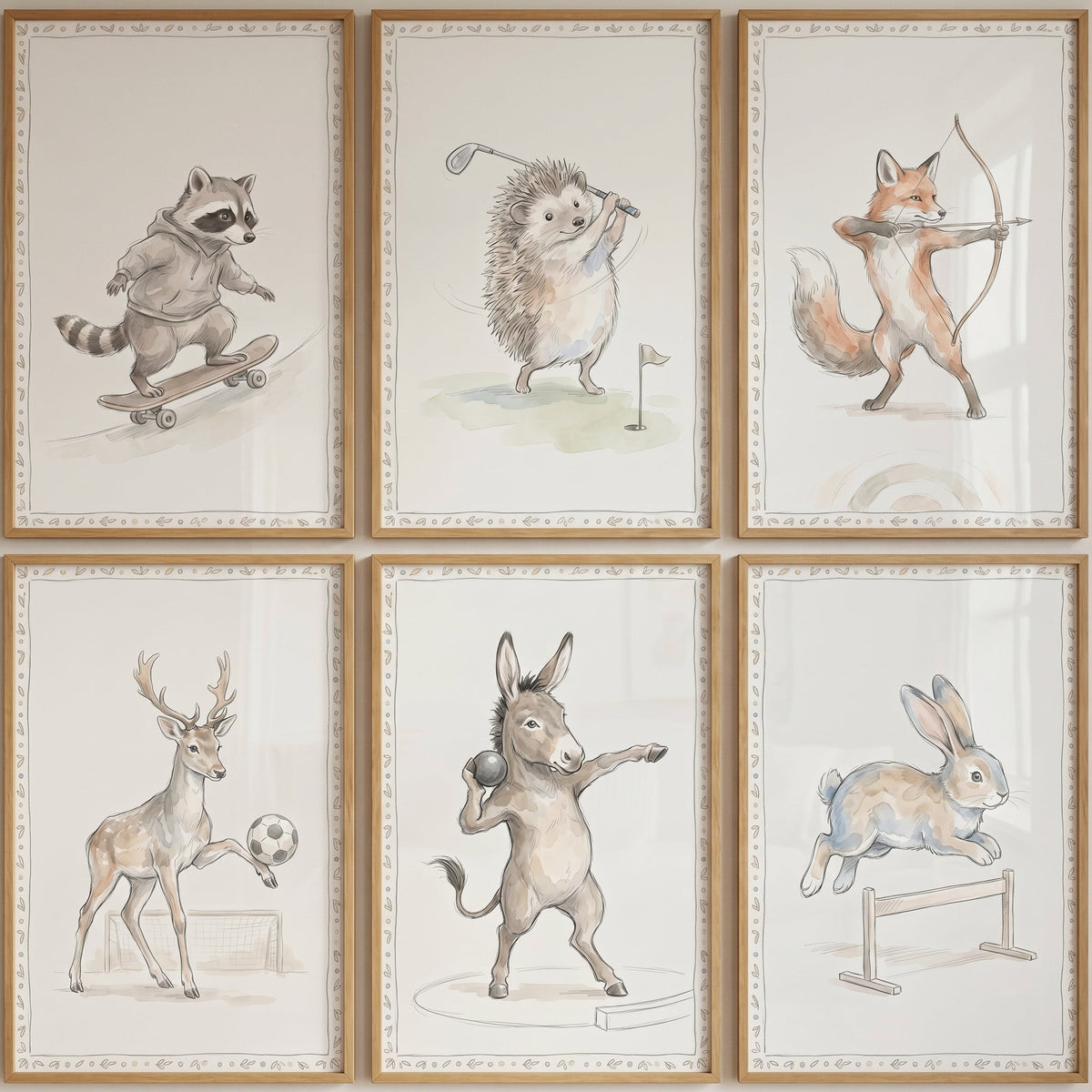 Charming Sports Animals Watercolor Digital Art Set of 6