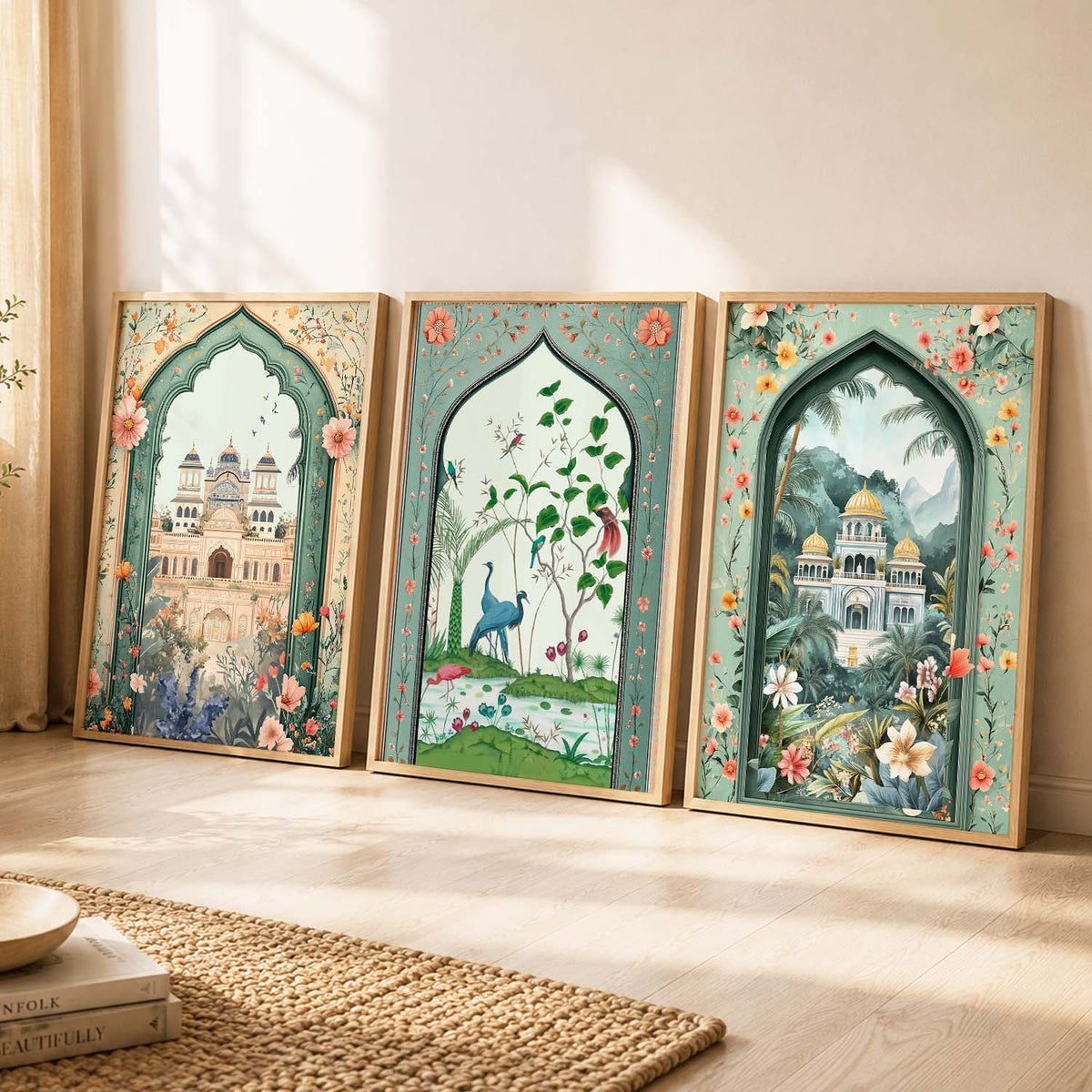 Mughal Architecture and Botanical Garden Triptych