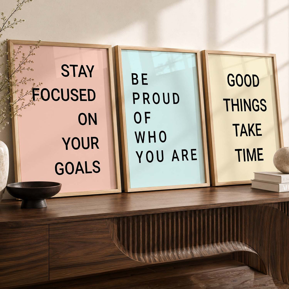 Stay Focused, Be Proud, Good Things Take Time - 3 Piece Typography Set