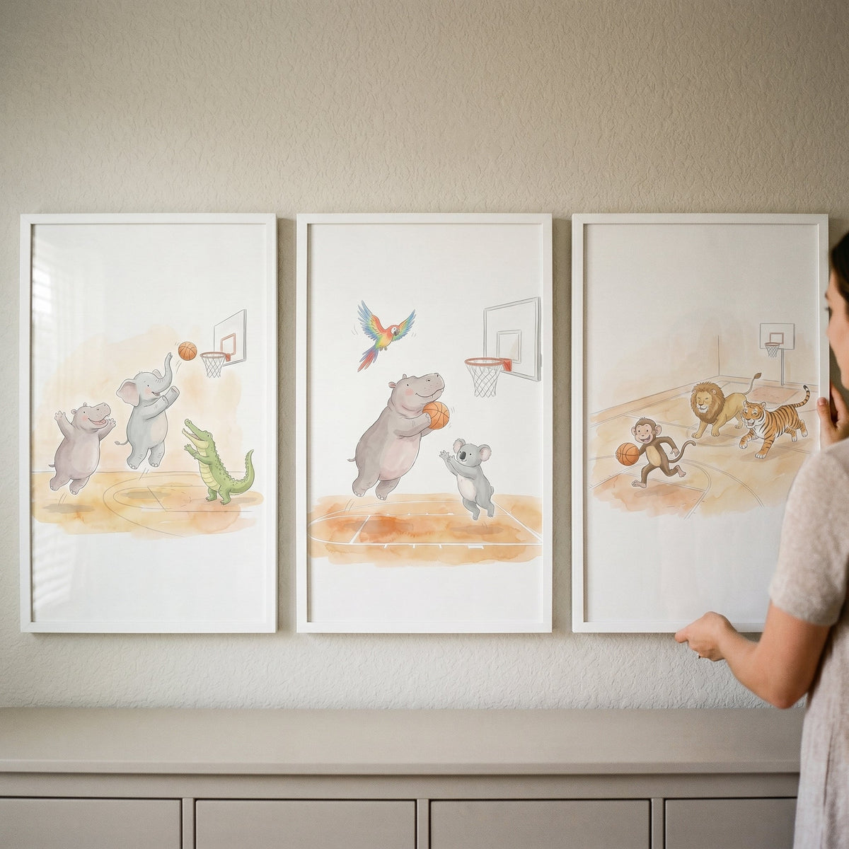 Watercolor Safari Animals Basketball Digital Art Triptych