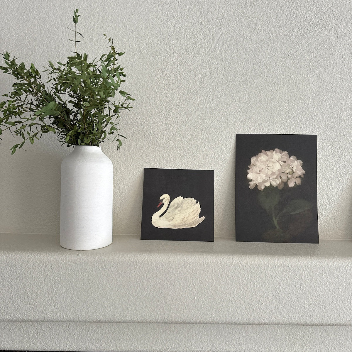 Graceful Swan & Hydrangea Dark Botanical Digital Art Set