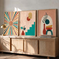 Boho Sunburst & Botanical Abstract Triptych Digital Art