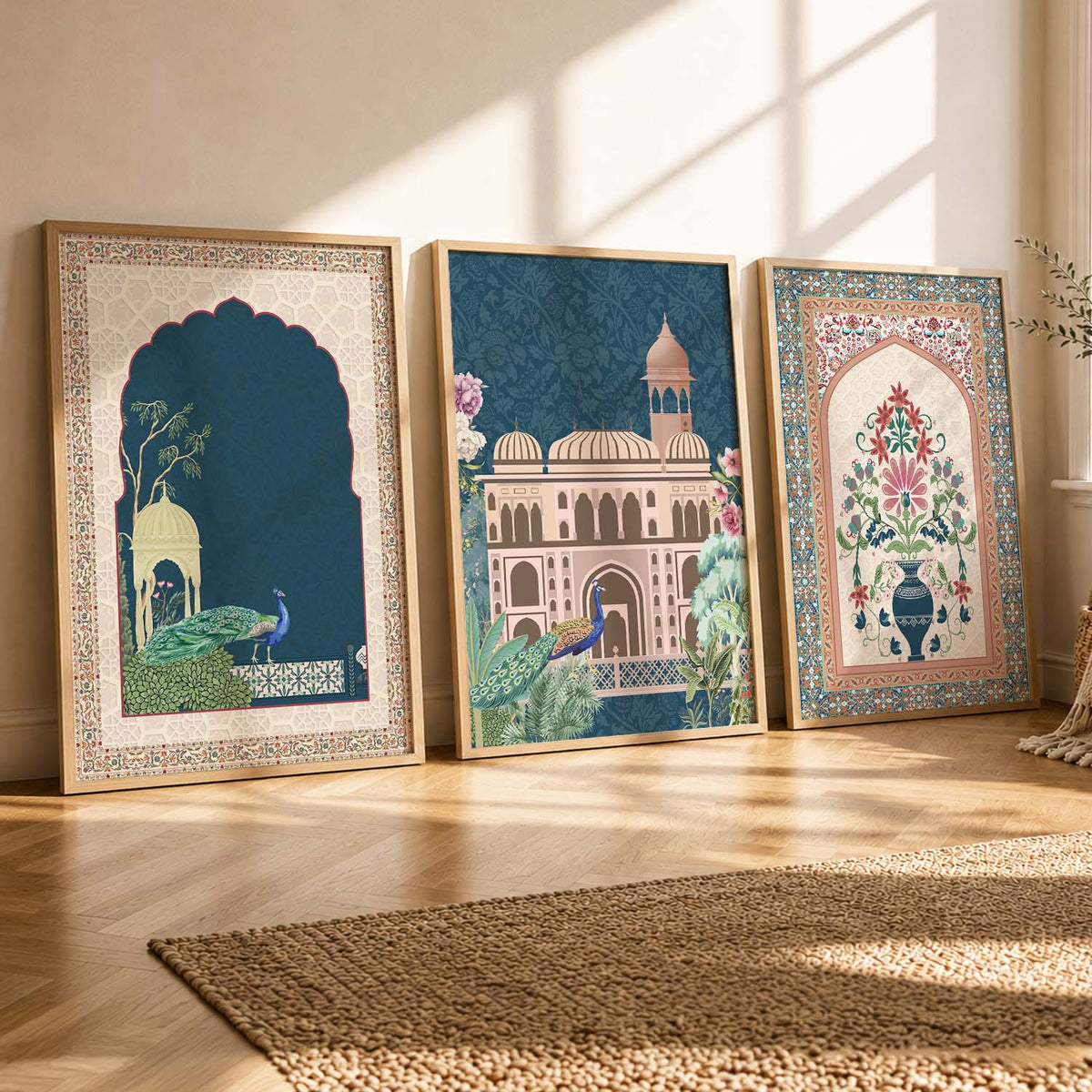 Mughal Architecture and Peacocks Digital Art Trio