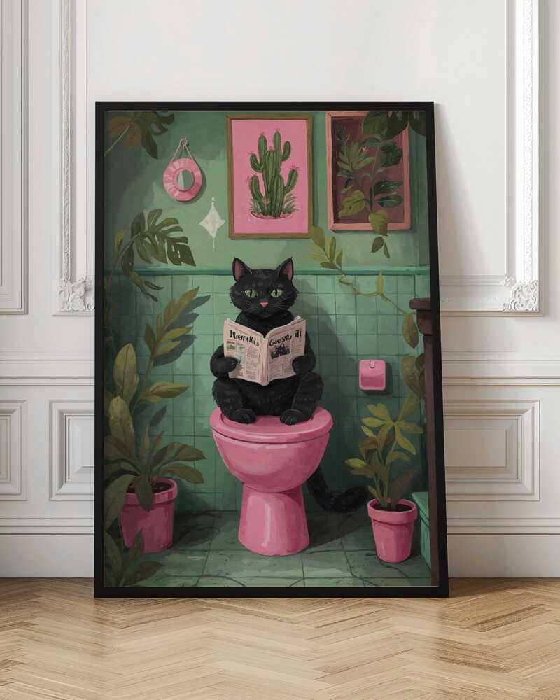 Chic Black Cat Reading on Pink Toilet Digital Wall Art