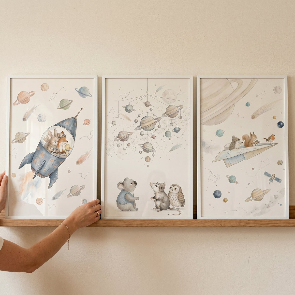 Watercolor Space Animals Digital Art Triptych