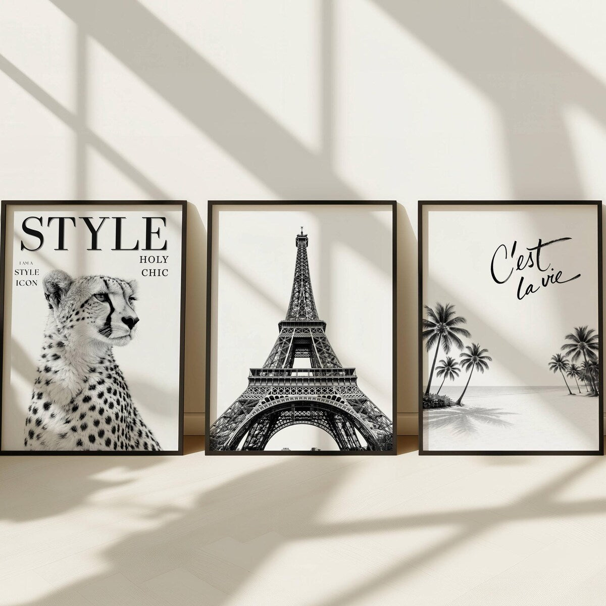 Chic Parisian and Tropical Aesthetic Digital Art Triptych