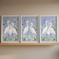 Serene Egrets in Blue Meadow Digital Art Triptych