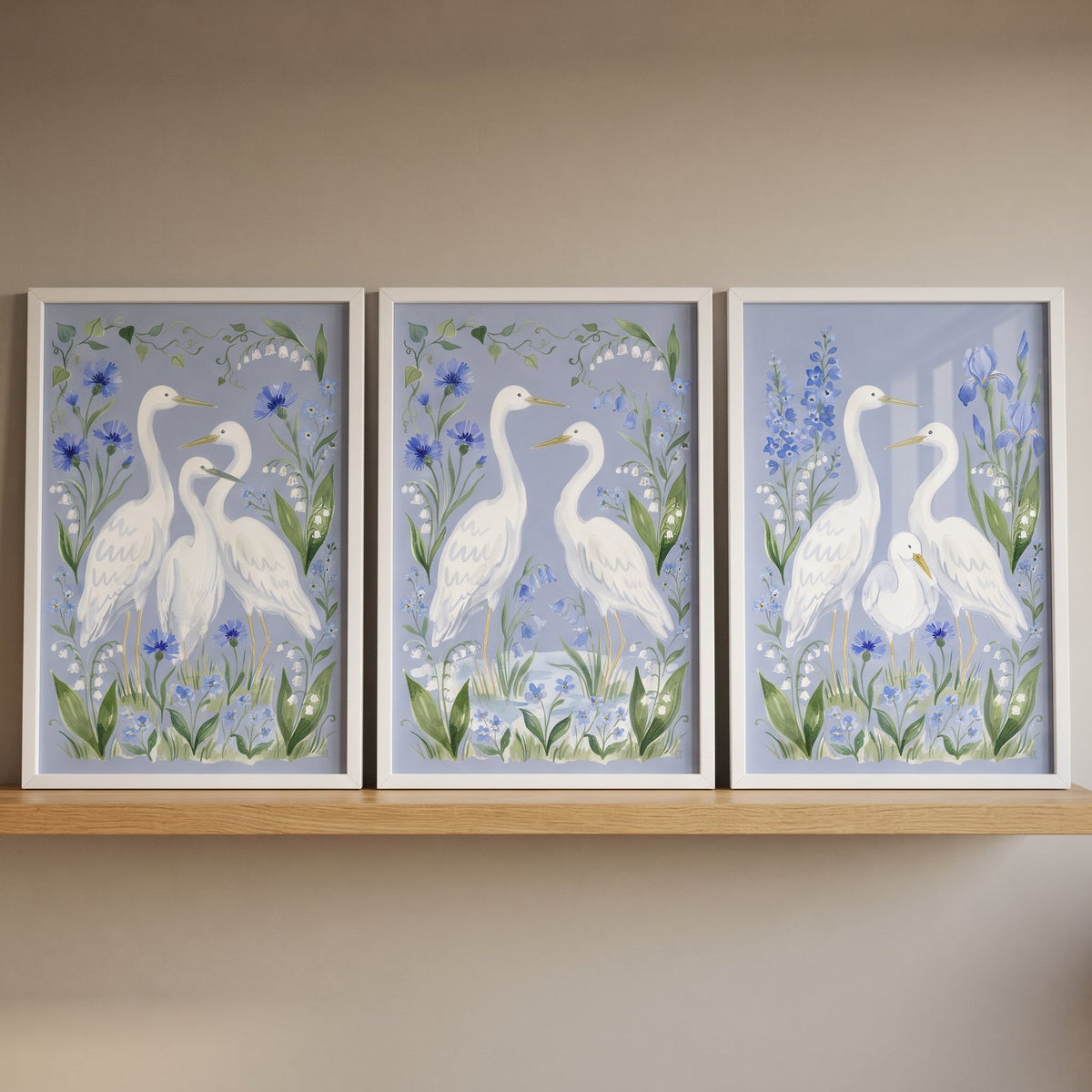 Serene Egrets in Blue Meadow Digital Art Triptych