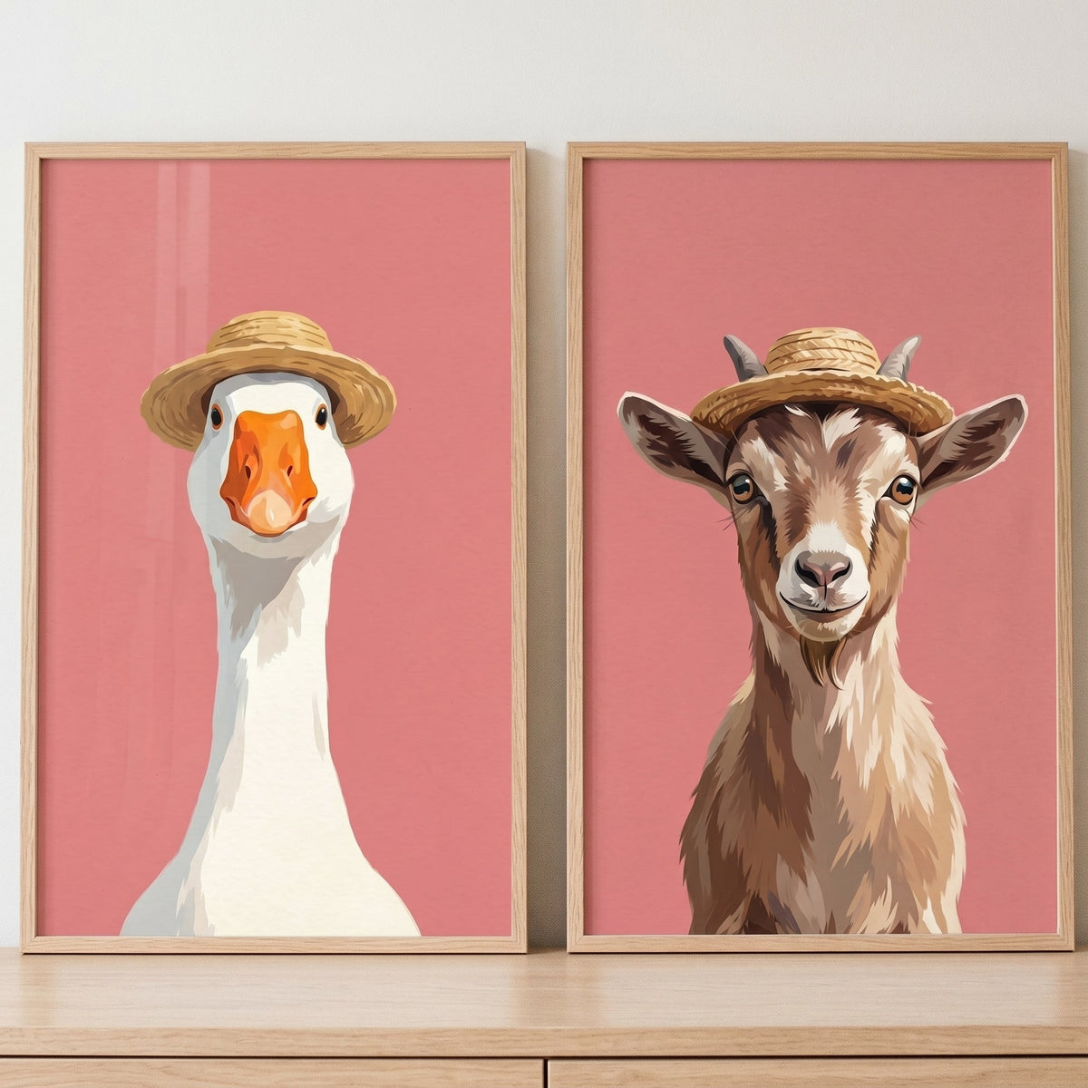 Charming Farm Animals in Straw Hats Digital Art