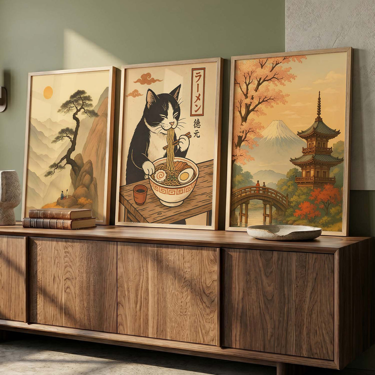 Japanese Ukiyo-e Cat Eating Ramen Digital Art Trio
