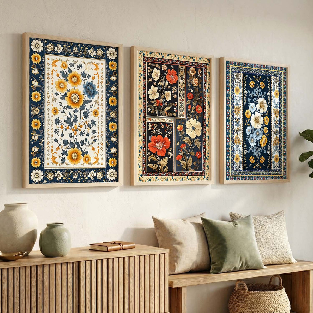 Bohemian Floral Tapestry Triptych Digital Art Set