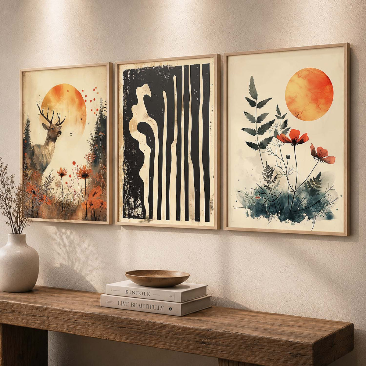 Boho Botanical Sun and Wildlife Triptych Digital Art