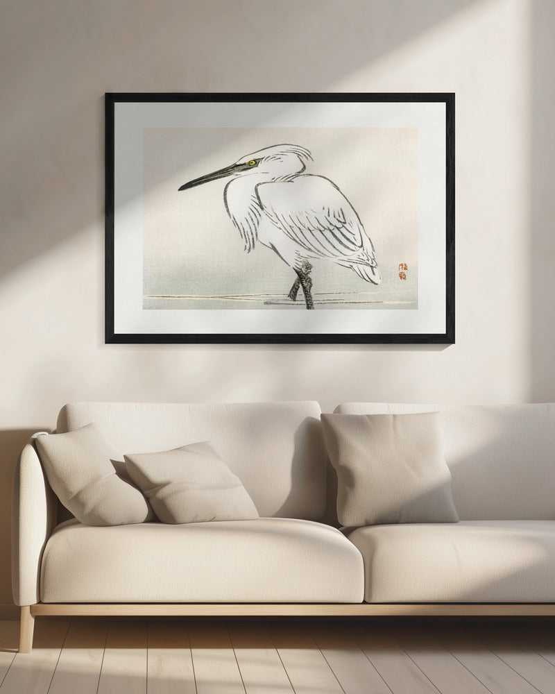 Minimalist Japanese Egret Bird Ink Wash Digital Art Print