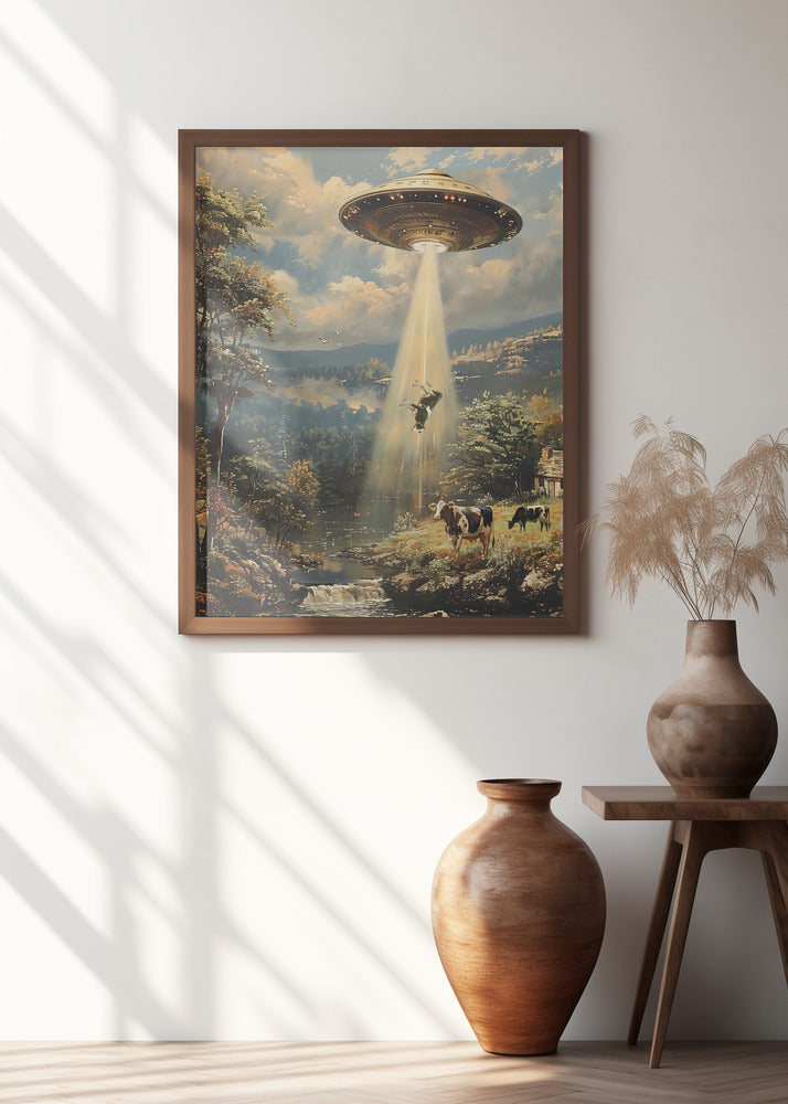 UFO Cow Abduction Vintage Pastoral Landscape Digital Art