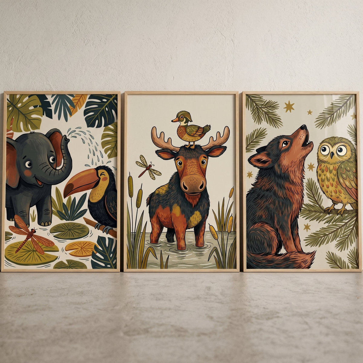 Charming Woodland and Jungle Animals Trio Digital Artwork