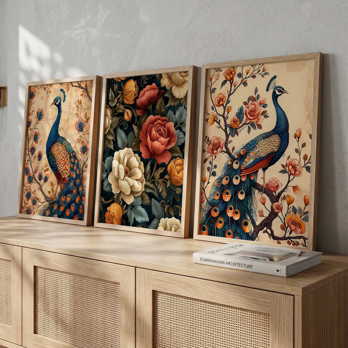 Vintage Peacock and Floral Triptych Digital Art
