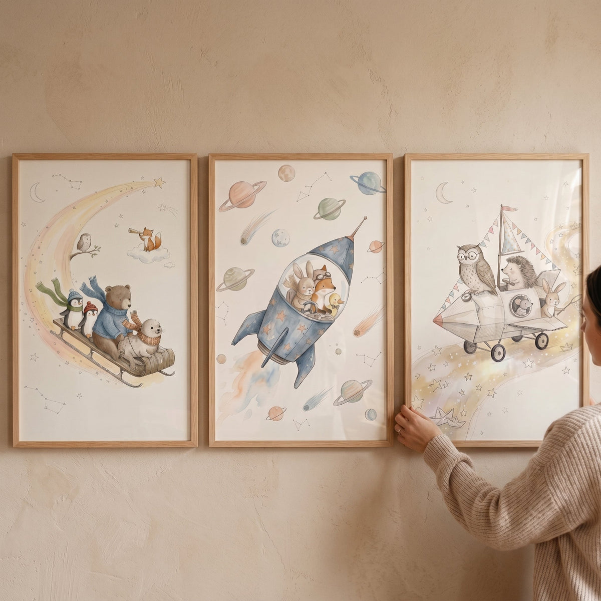 Cosmic Animal Adventures Digital Art Triptych