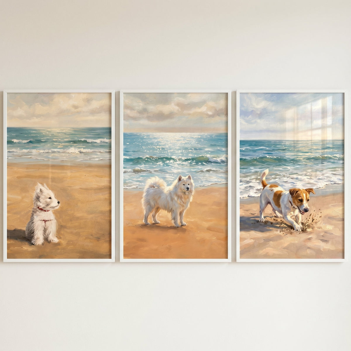Playful Pups at the Beach Triptych