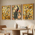 Golden Peacock and Botanical Birds Triptych Digital Art