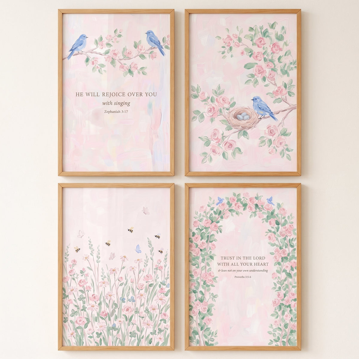 Charming Pink Floral and Bluebird Scripture Digital Art Set