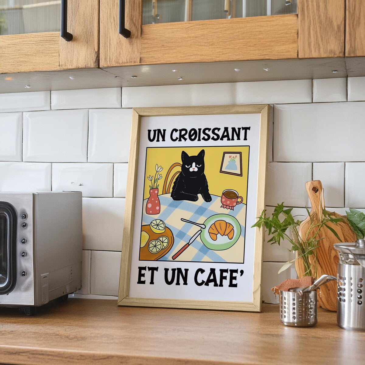 Un Croissant Et Un Cafe Black Cat Digital Art Print