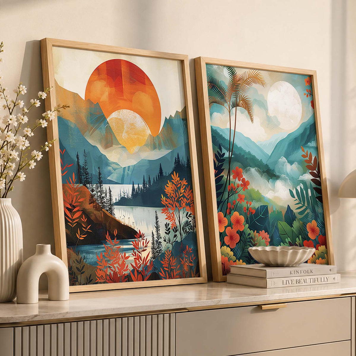 Boho Sun and Tropical Moon Landscape Digital Art Prints