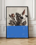 Vintage Botanical Bouquet with Modern Blue Block Digital Artwork