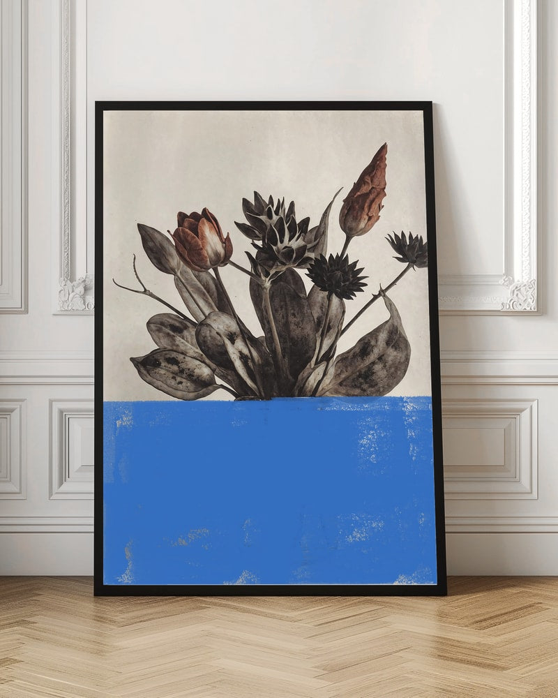 Vintage Botanical Bouquet with Modern Blue Block Digital Artwork