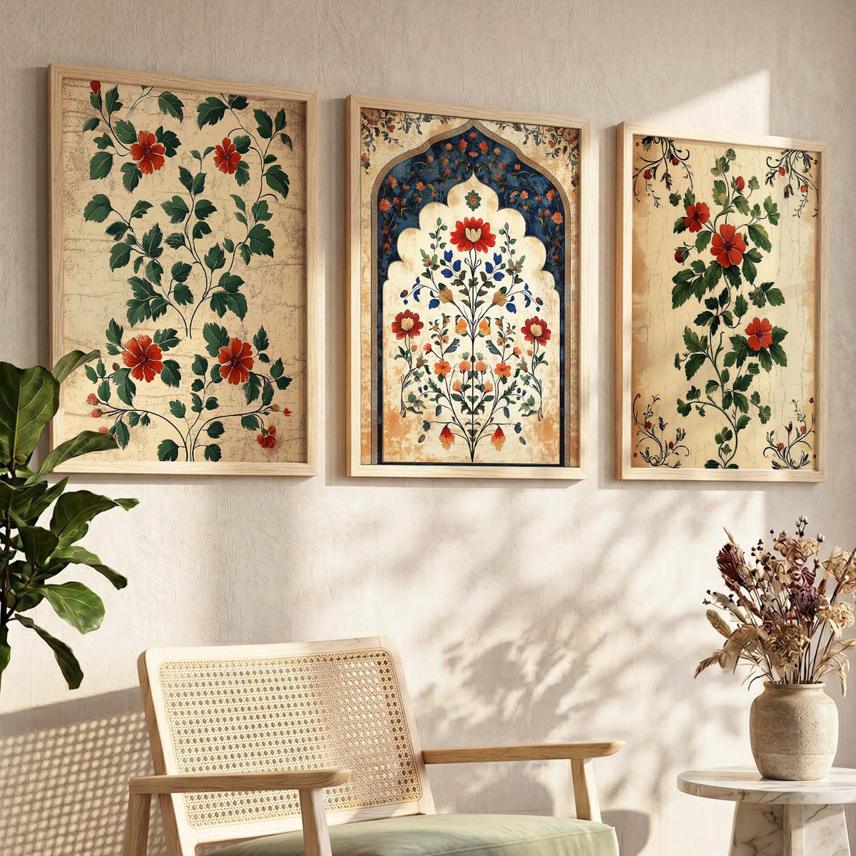 Mughal Floral Botanical Triptych Digital Art Set