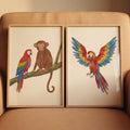 Charming Jungle Monkey and Colorful Macaw Parrots Digital Art Set