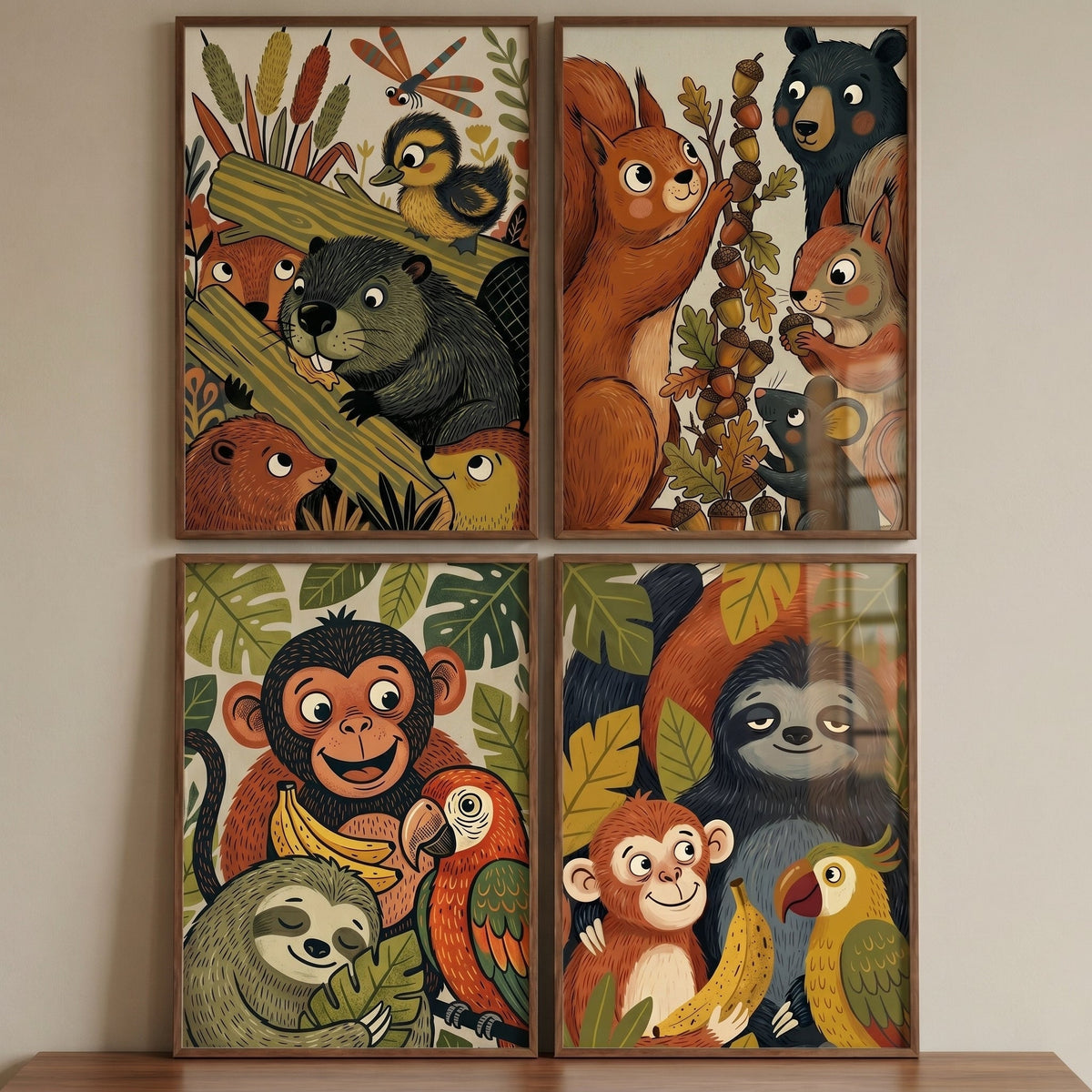 Charming Woodland and Jungle Animal Quadruple Digital Art Collection