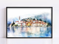 Serene Italian Lakeside Village Watercolor Digital Artwork