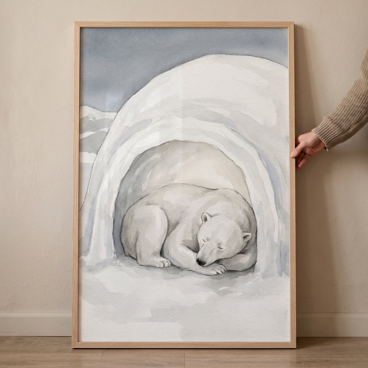 Sleeping Polar Bear in Snow Den Watercolor Digital Art