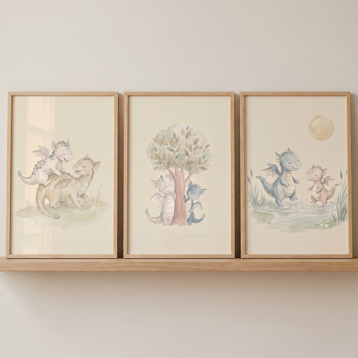 Watercolor Baby Dragons Digital Art Triptych